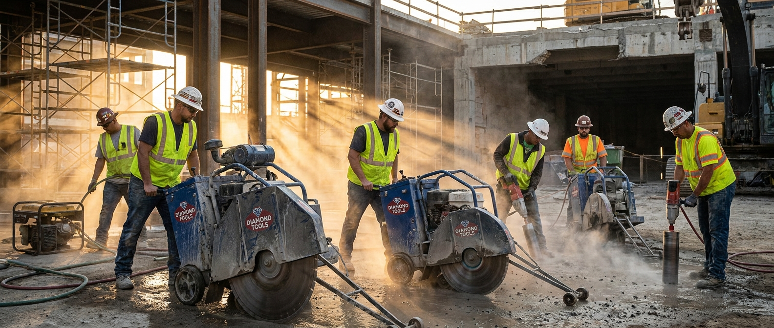 Construction crew using diamond cutting equipment on a job site